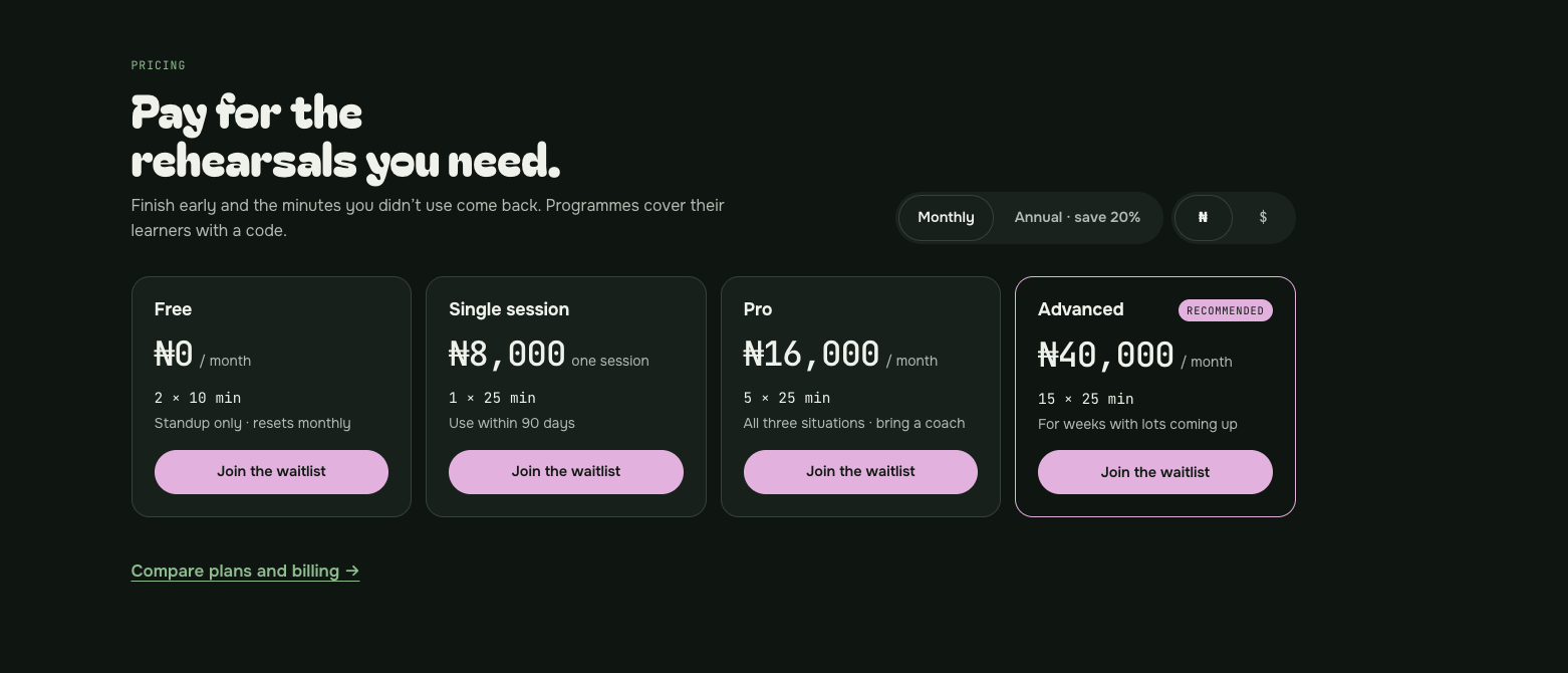 Pricing section: “Pay for the rehearsals you need.” Free (2 × 10 min), Single session (₦8,000), Pro (₦16,000/mo) and Advanced (₦40,000/mo, Recommended), with monthly/annual and naira/dollar toggles.