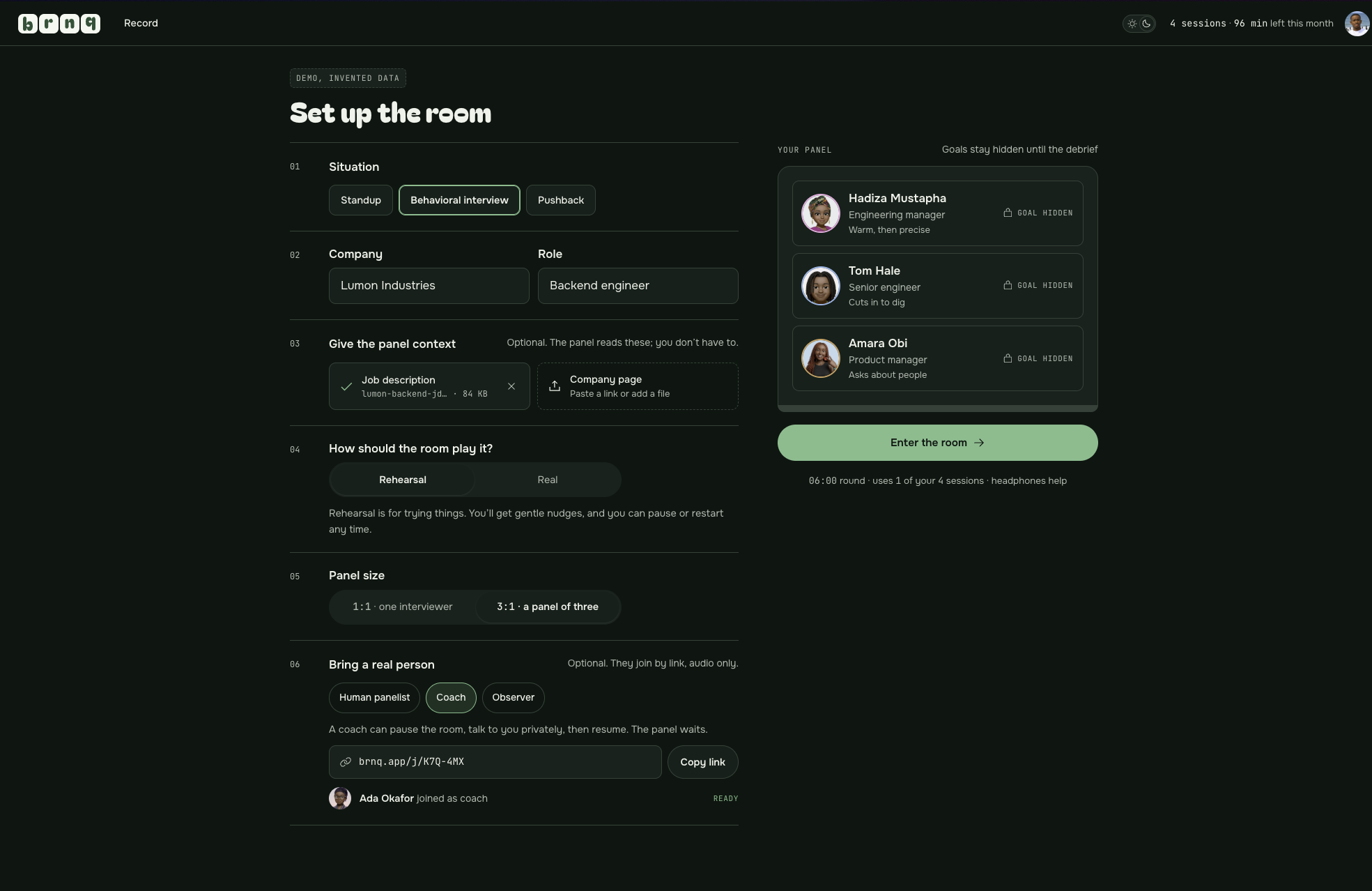 Set-up screen: Behavioral interview at Lumon Industries for a Backend engineer role, a job description attached, Rehearsal mode, a 3:1 panel, and Ada Okafor joined as coach via a brnq.app link — with Hadiza Mustapha, Tom Hale and Amara Obi listed on the right, goals hidden.