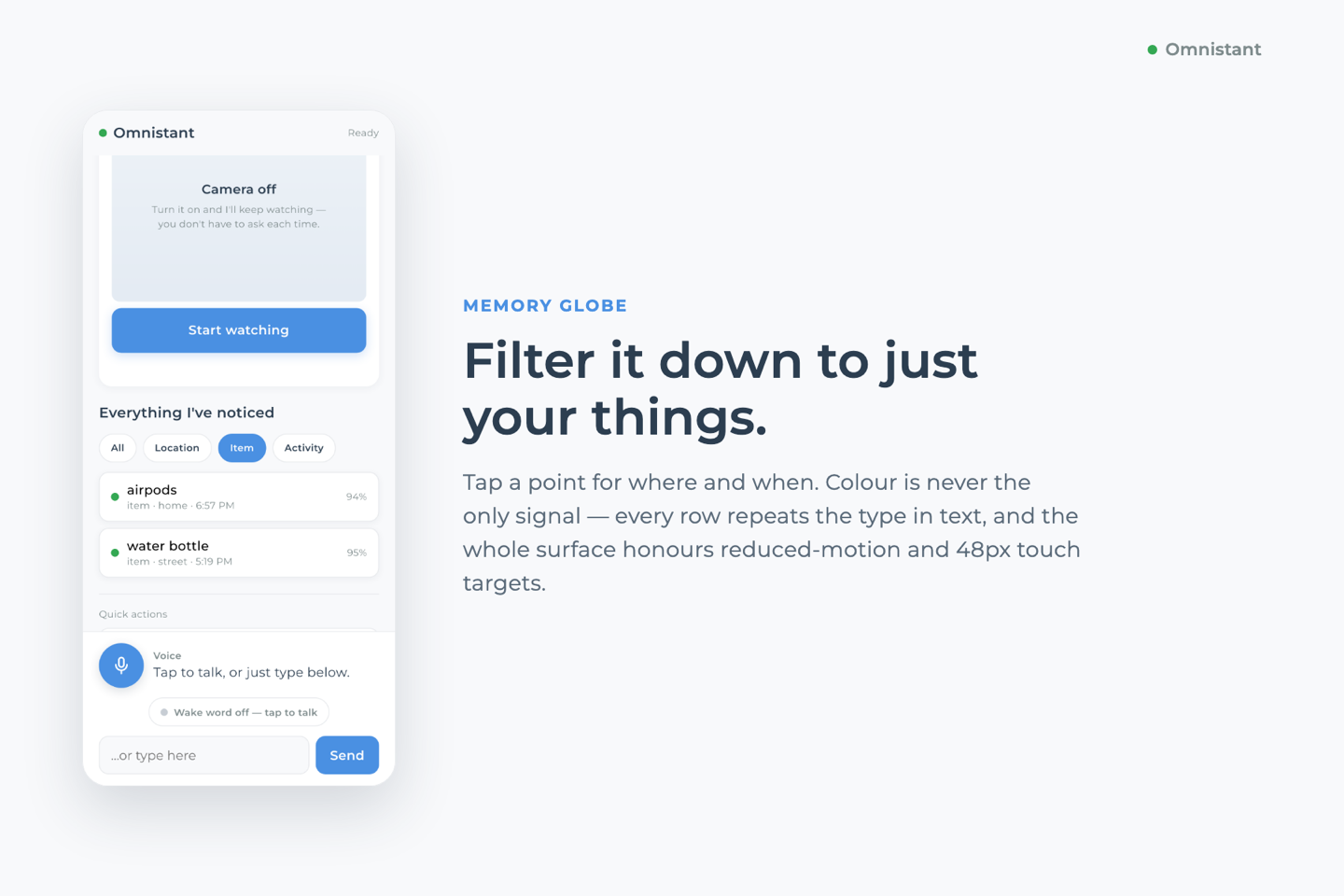 Slide reading “Filter it down to just your things” beside the app filtering observations to items only, each with a confidence percentage.