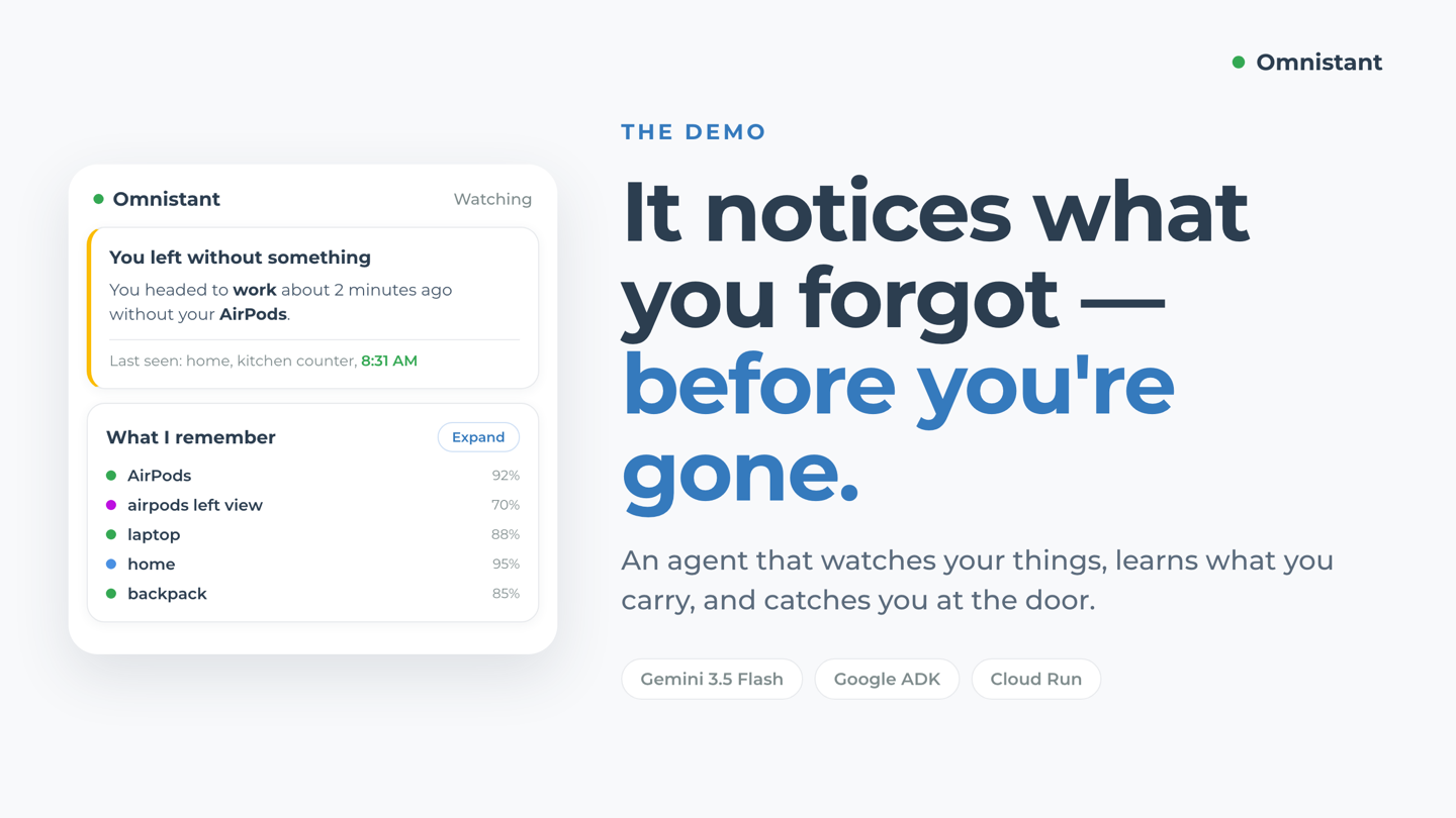 Omnistant: “It notices what you forgot — before you're gone.” The app shows a notification reading “You headed to work about 2 minutes ago without your AirPods. Last seen: home, kitchen counter, 8:31 AM.”