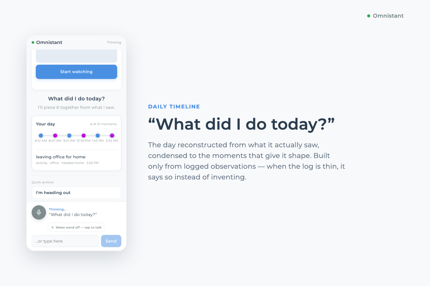 Slide reading “What did I do today?” beside the app showing the day condensed to six moments on a timeline bar.