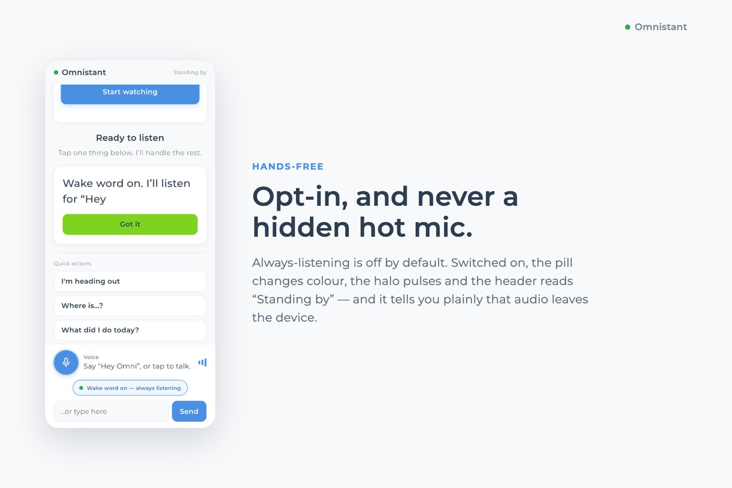 Slide reading “Opt-in, and never a hidden hot mic” beside the app asking permission before enabling the wake word.